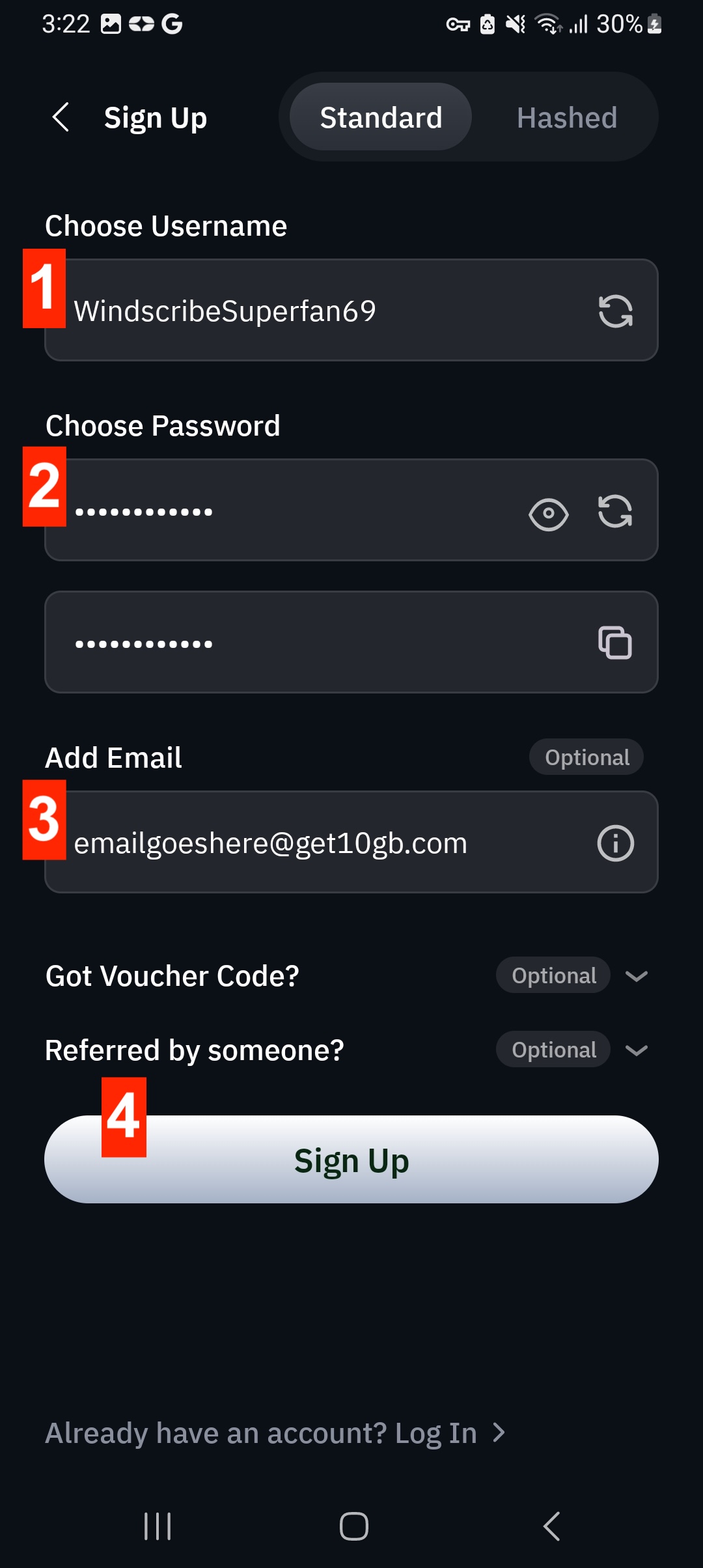Sign Up Page with details