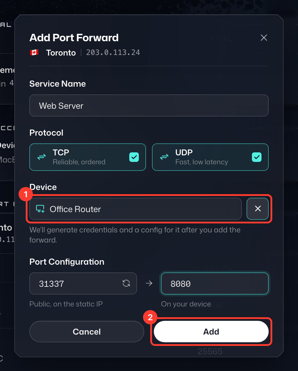 Add Port Forward form with a new device name (1) and Add (2) highlighted