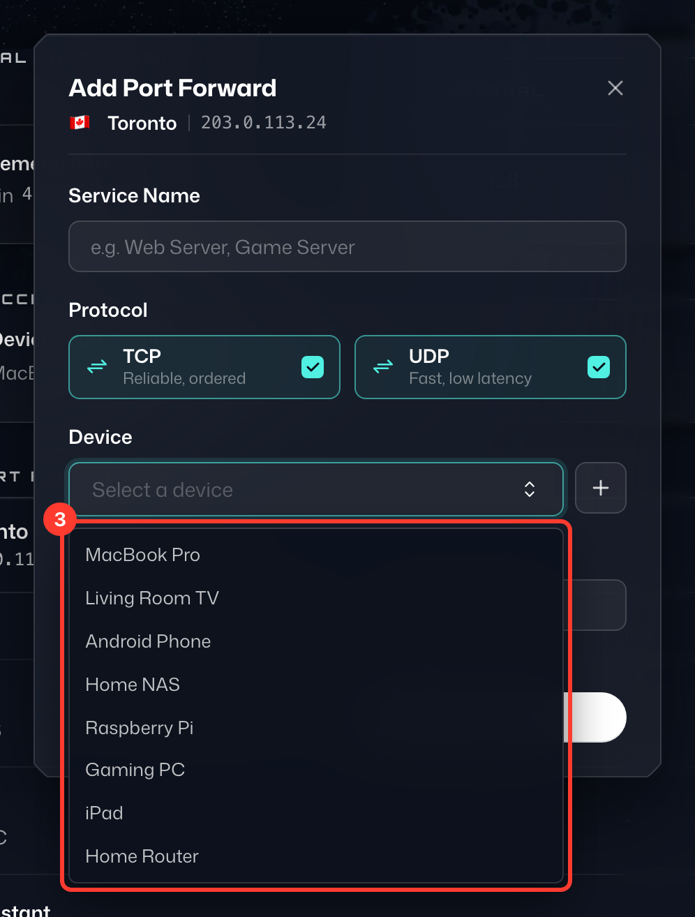 Device list open in the Add Port Forward form (3)